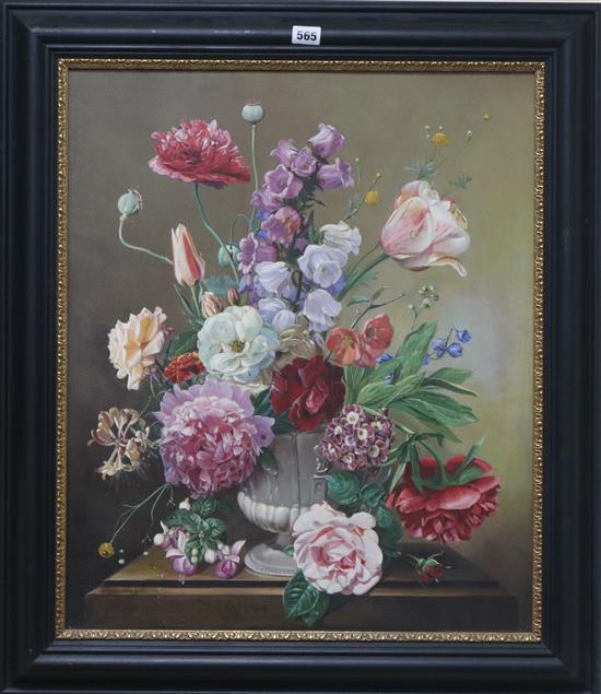 Frederick Victor Bailey (1919-1996), oil on panel, Still life of flowers in a vase on a ledge, signed and dated 1979, 63 x 52cm